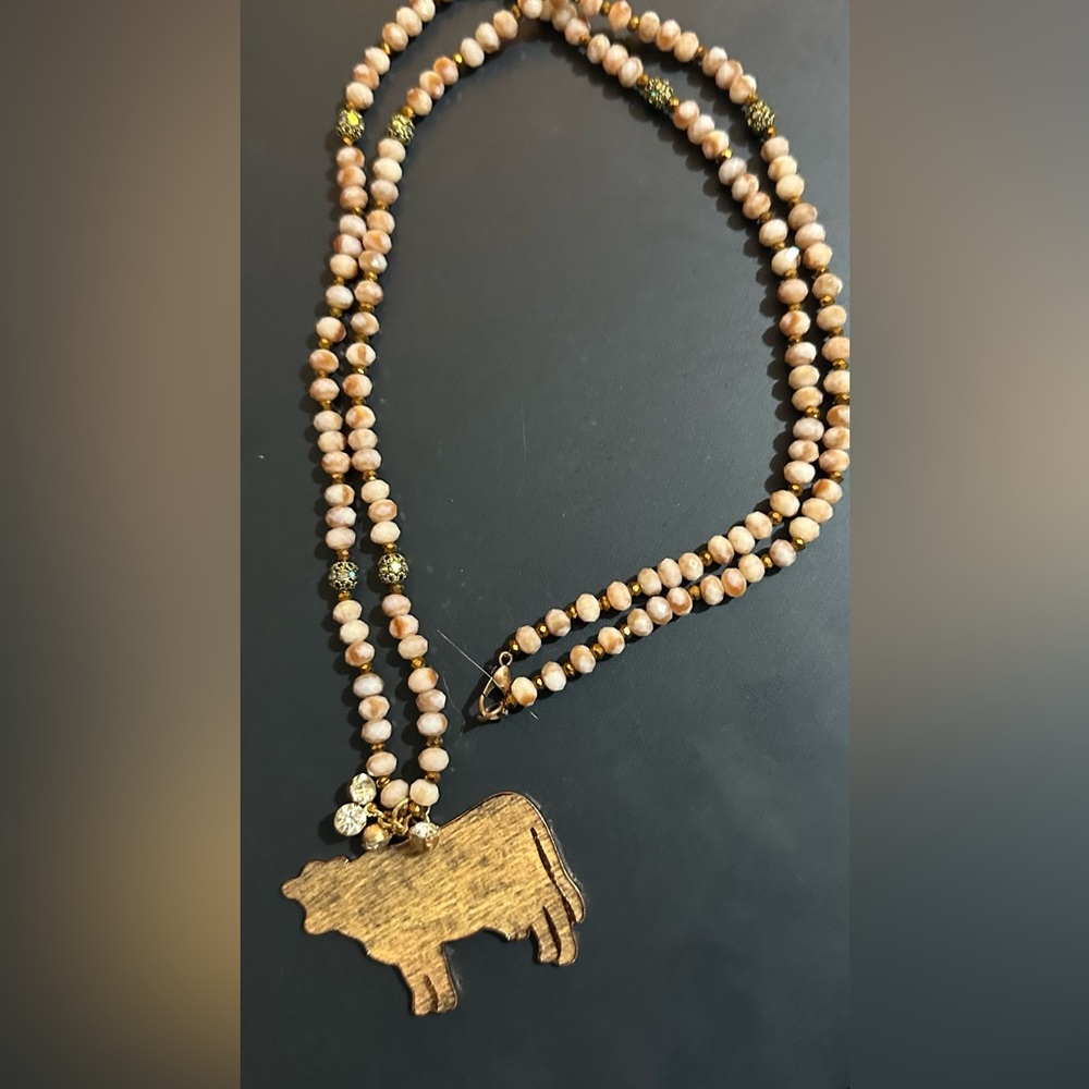 Bronze Beaded Necklace with Horse Pendant & pink Beaded Necklace & Cow Pendant